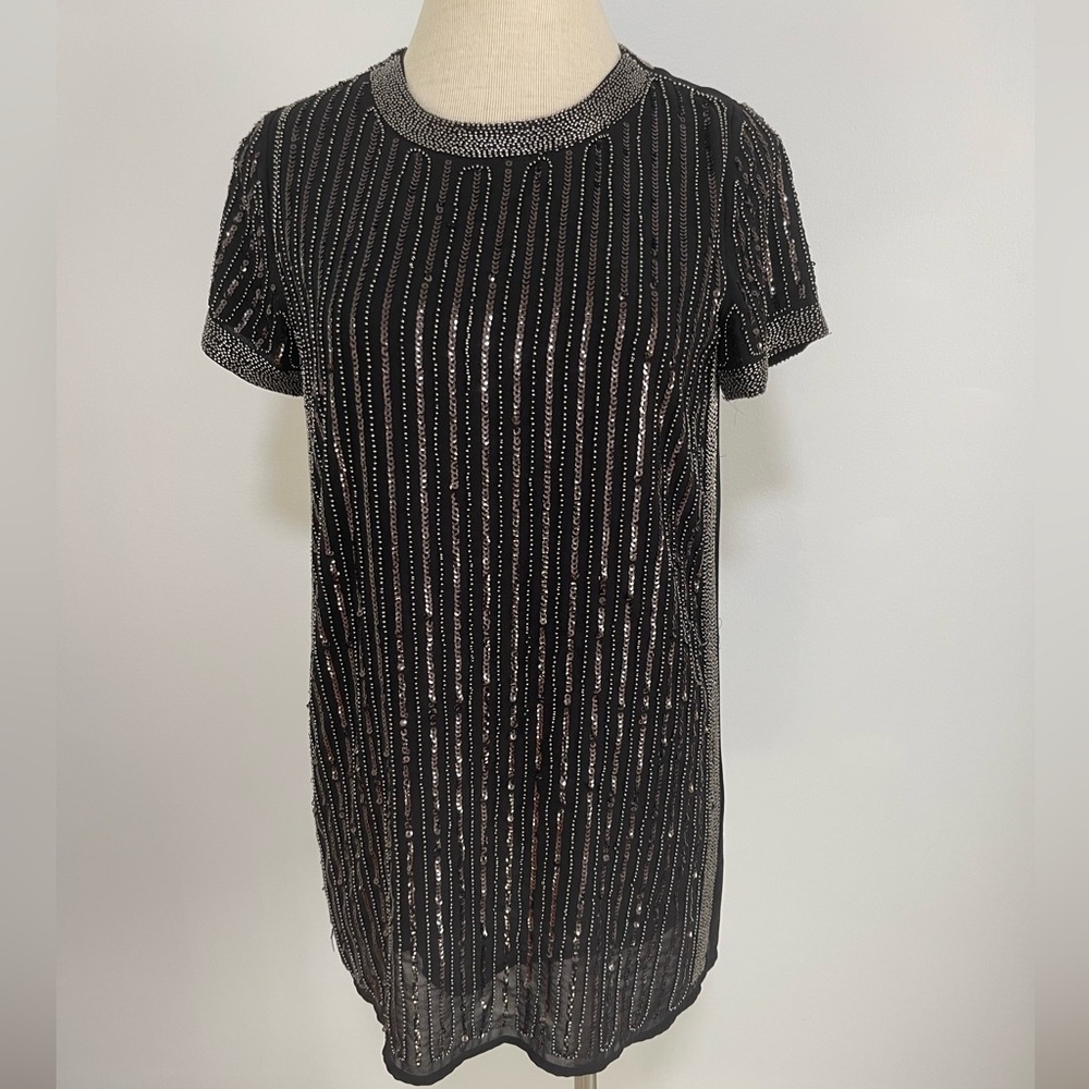 Fate Sequin Shirt Sheath Dress, Black Sheer Knee Length Summer Spring Dress, Lg.